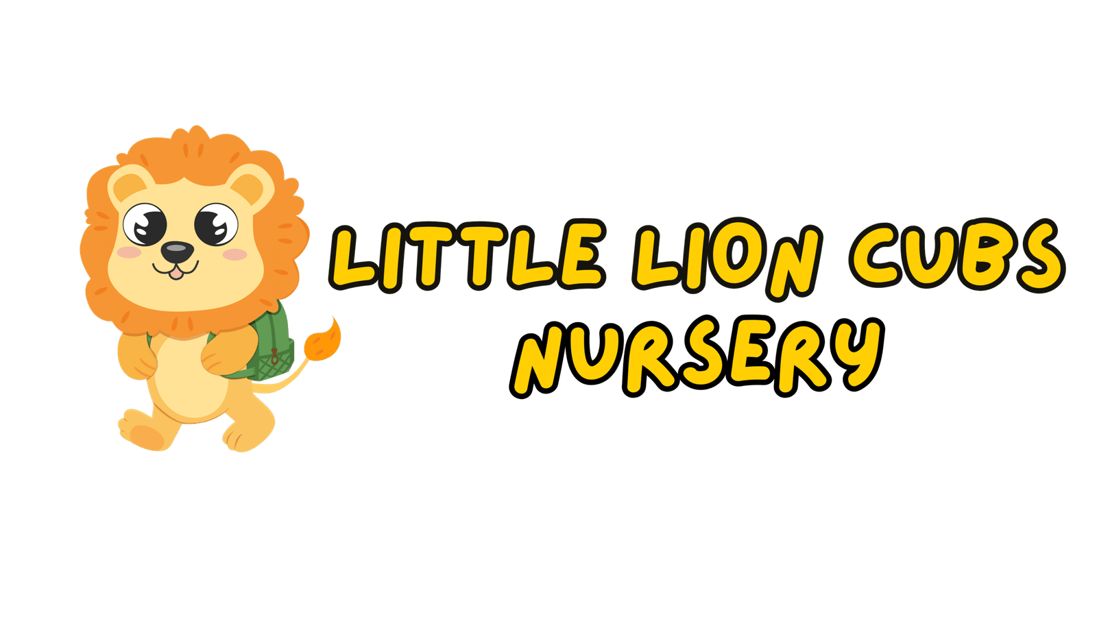Cartoon lion cub with a backpack next to the words 'Little Lion Cubs Nursery,' a biblical faith-based early years learning nursery in Nottingham.